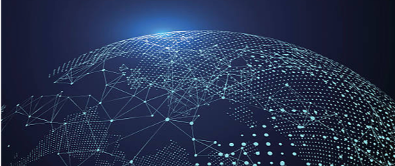 Hand pointing at a digital financial chart with candlestick graphs and global data map in the background, representing investment analysis and market trends.
